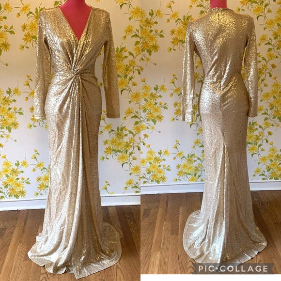Sold 🎈Sequined open front low plunge gown gold size M - Picture 3 of 17